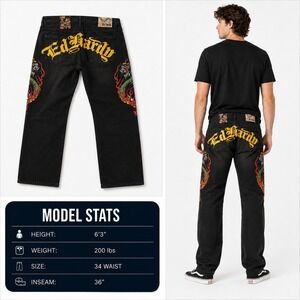 Ed Hardy Mens Stacked Boot Jeans Black Dragon Tattoo Graphics MEHD8303-4 34x36